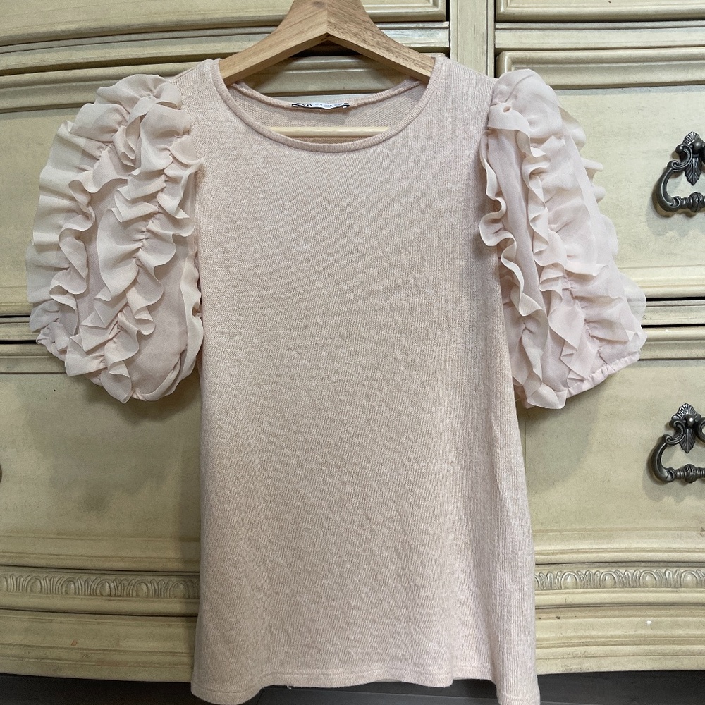 Zara Pale Blush Puff Sleeve Short Sleeve Tee